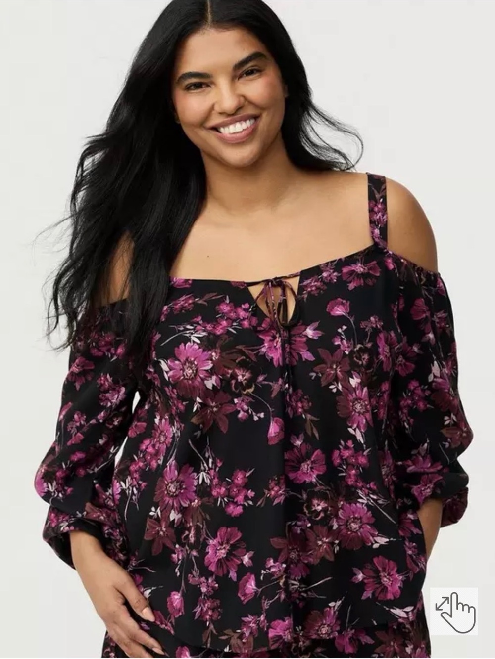 torrid Black Cold-Shoulder Blouse with Magenta Floral Print (Whimsical daisy)